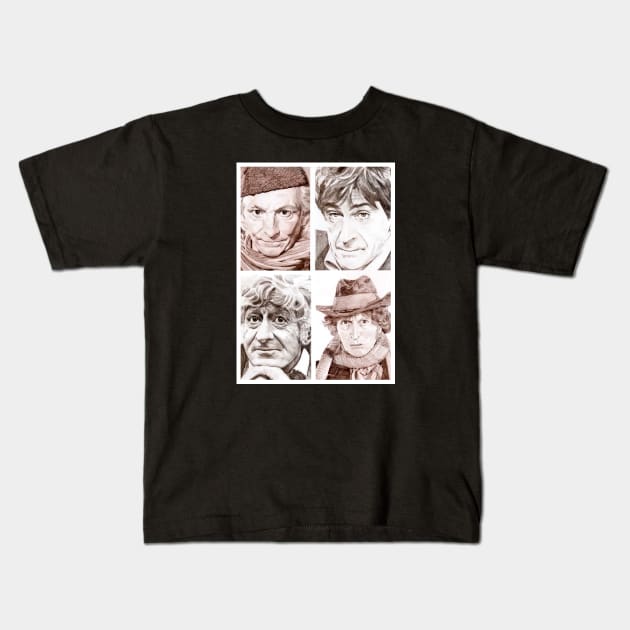 Hartnell/Troughton/Pertwee/Baker Kids T-Shirt by Grant Hudson